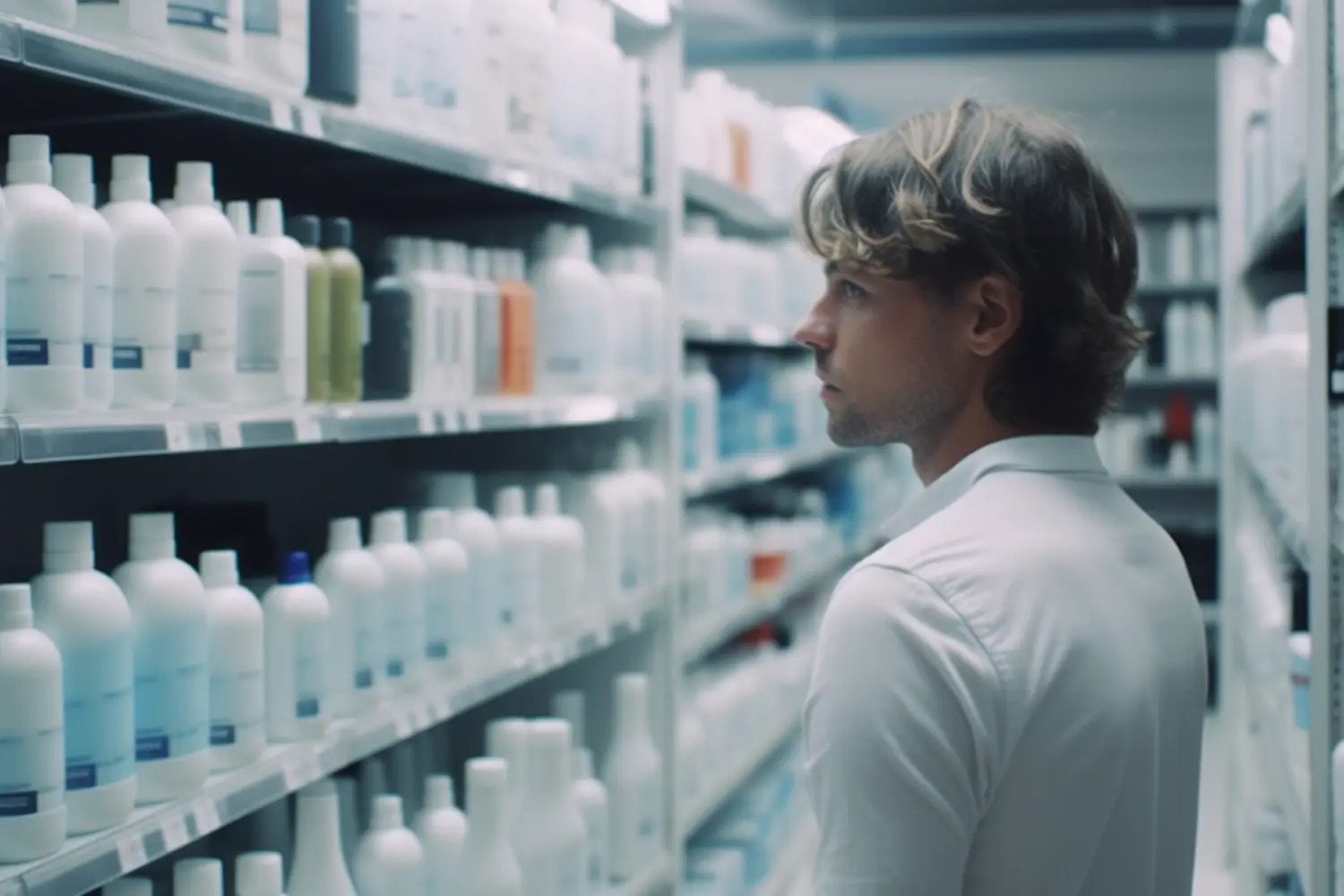 man looking at shampoo bottles on shelf