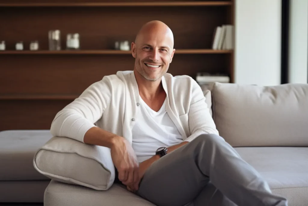 bald man sitting on a couch smiling
