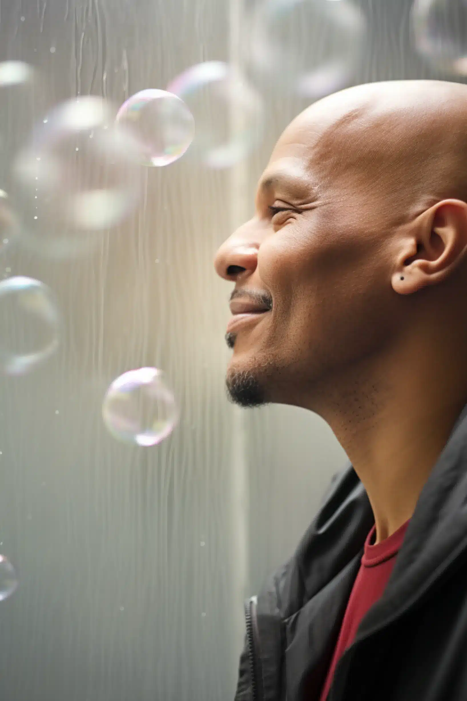 bald man smiling with bubbles around him