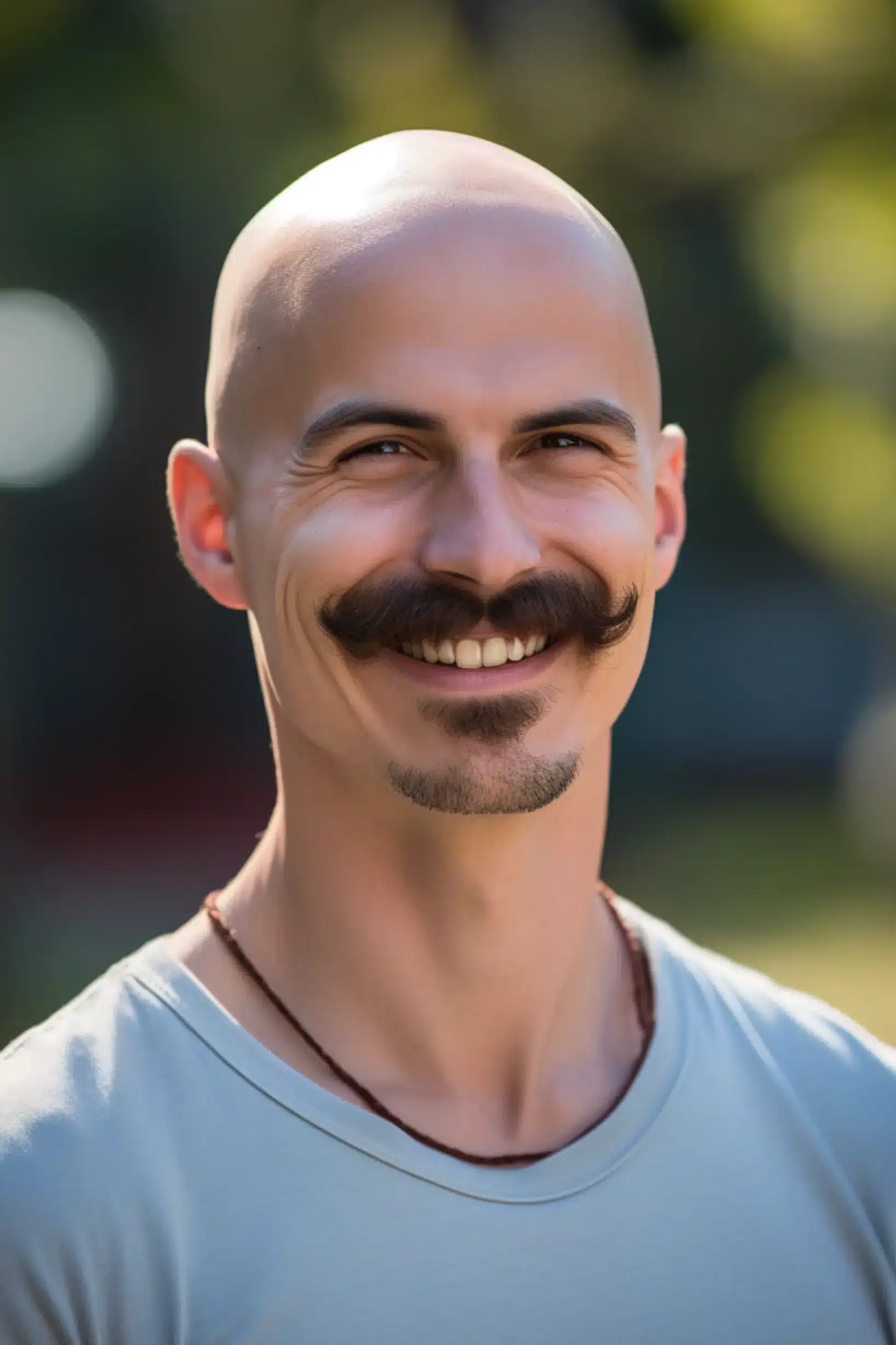 bald man smiling with handlebar mustache