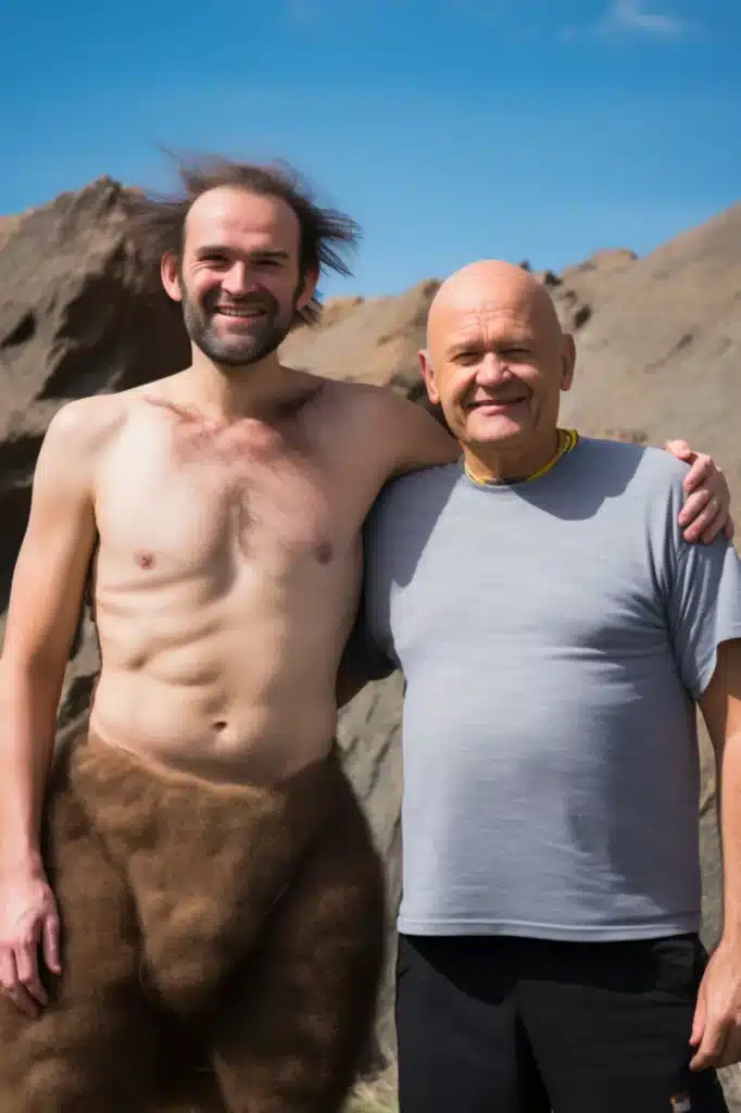 bald man standing next to balding caveman