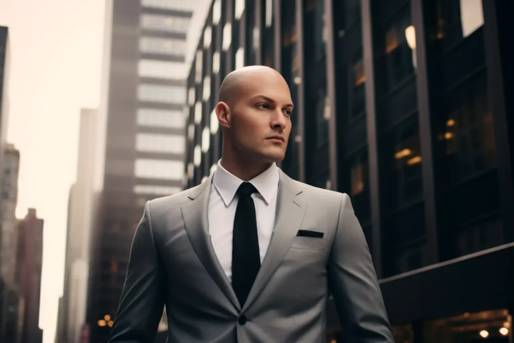 bald man standing outside in suit