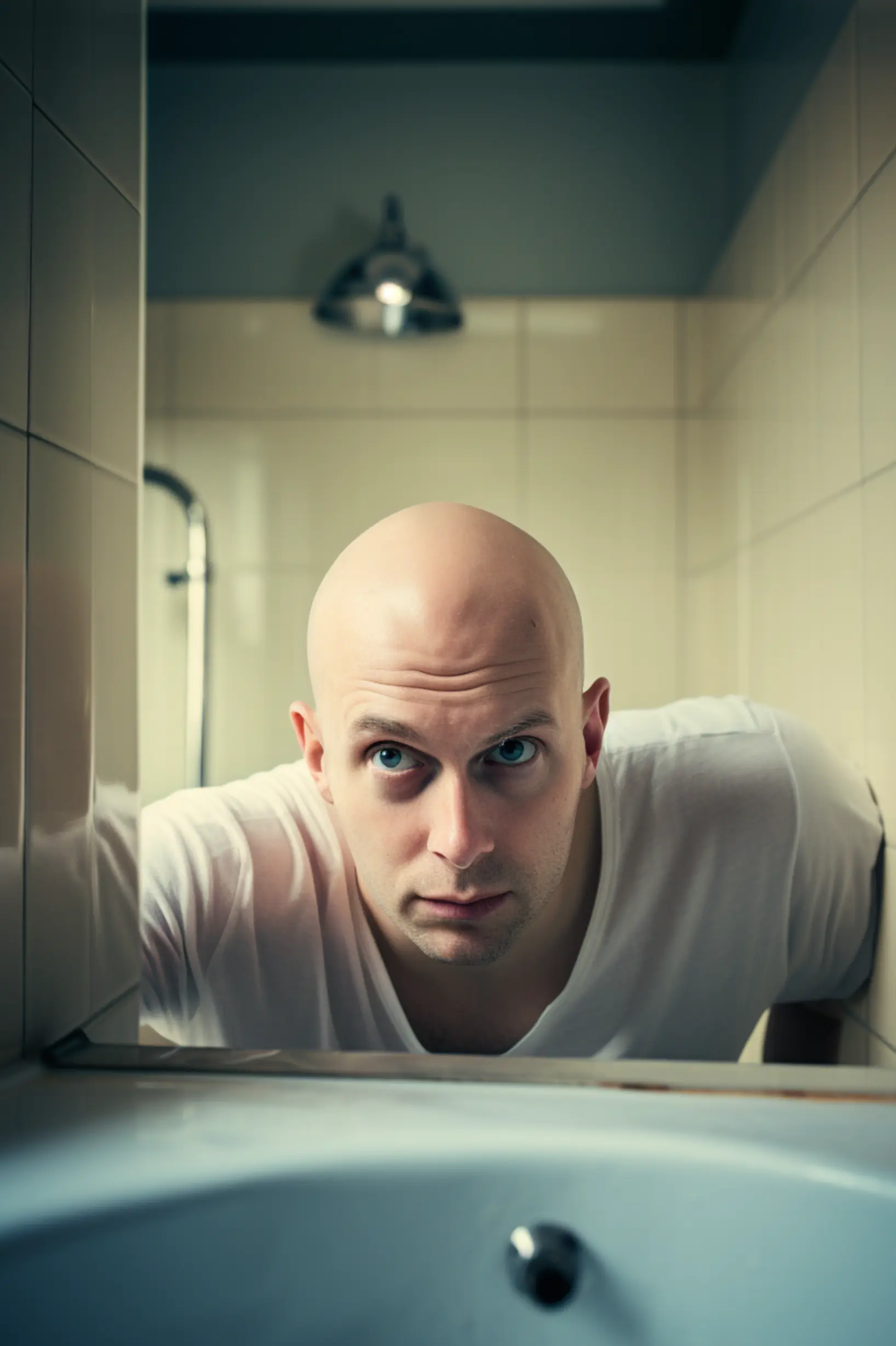 bald man staring in mirror in bathroom