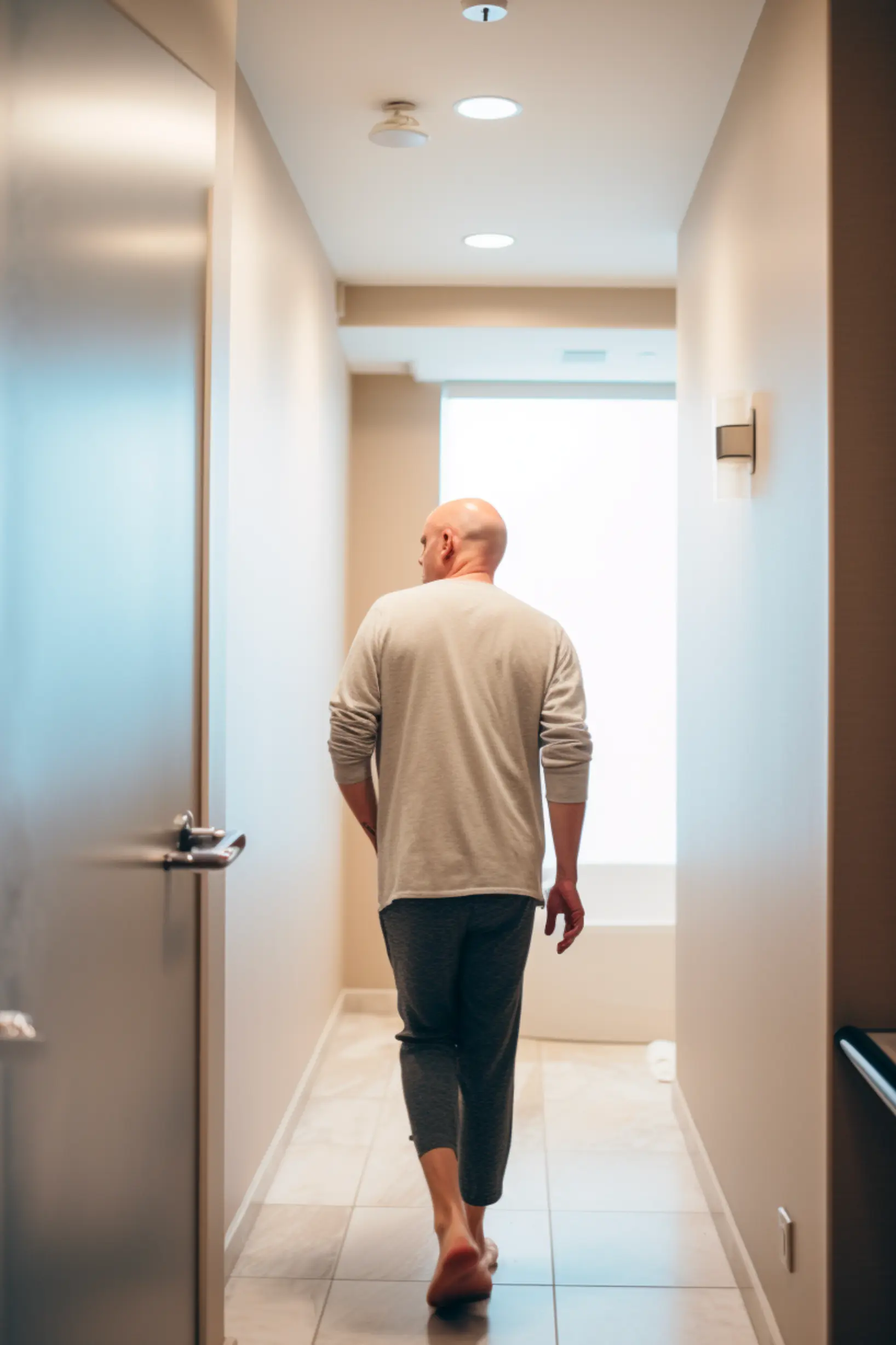 bald man walking into bathroom