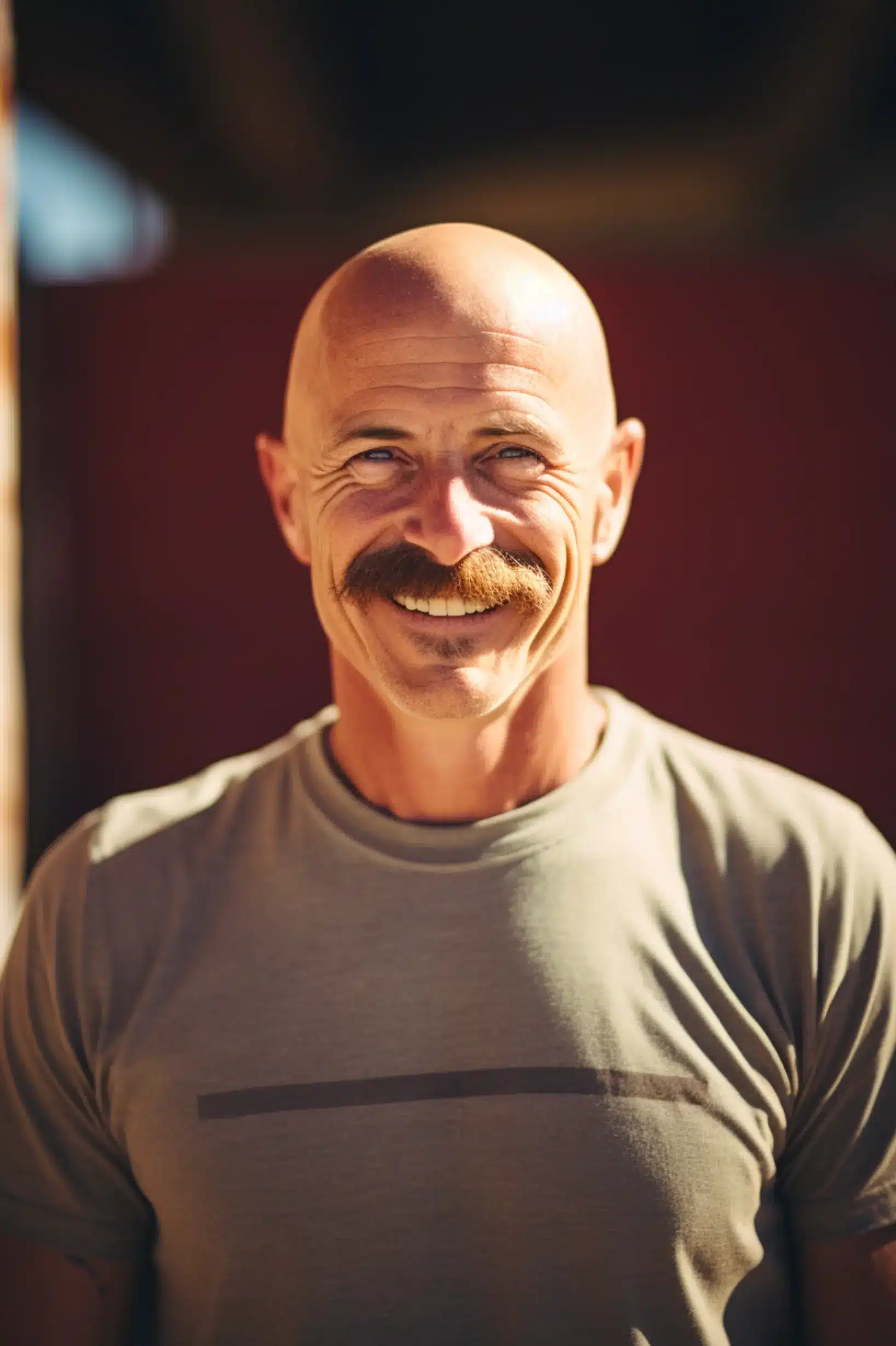 bald man with a chevron style mustache