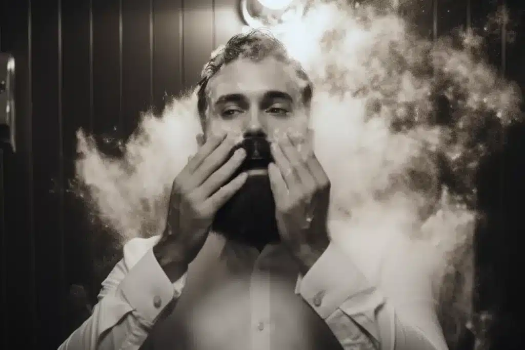 bearded man in a tuxedo surrounded by steam and bubbles