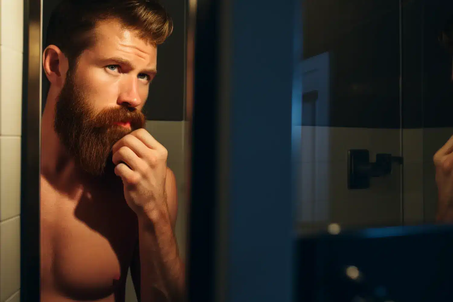 bearded man looking in mirror