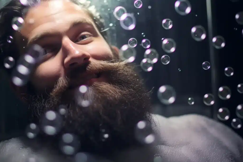 bearded man smiling with bubbles