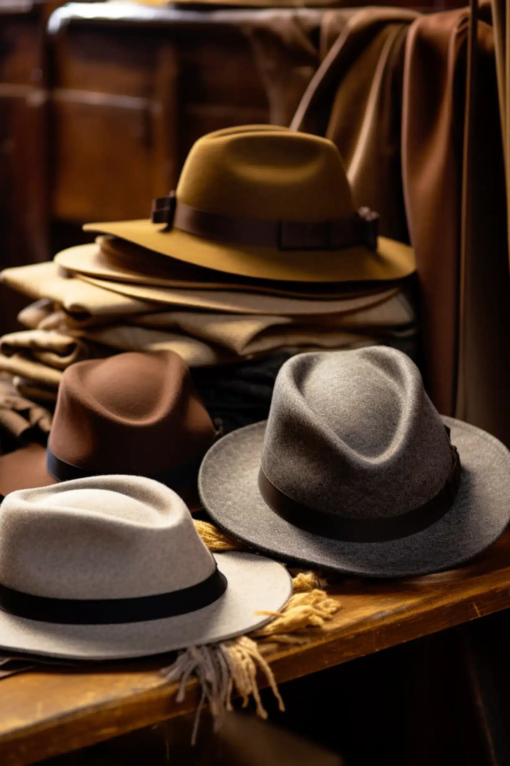 hats stacked on a table