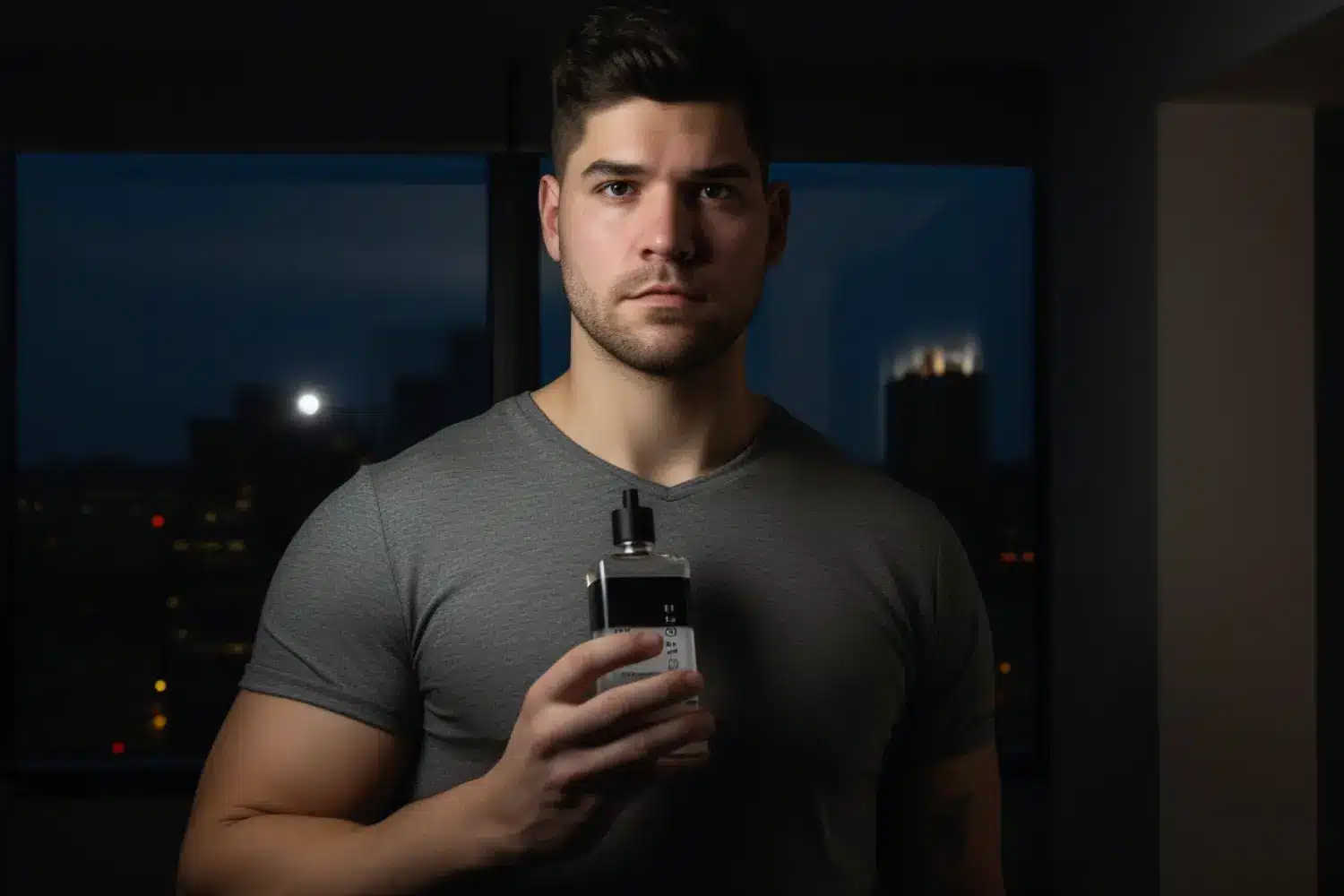man holding a bottle of cologne