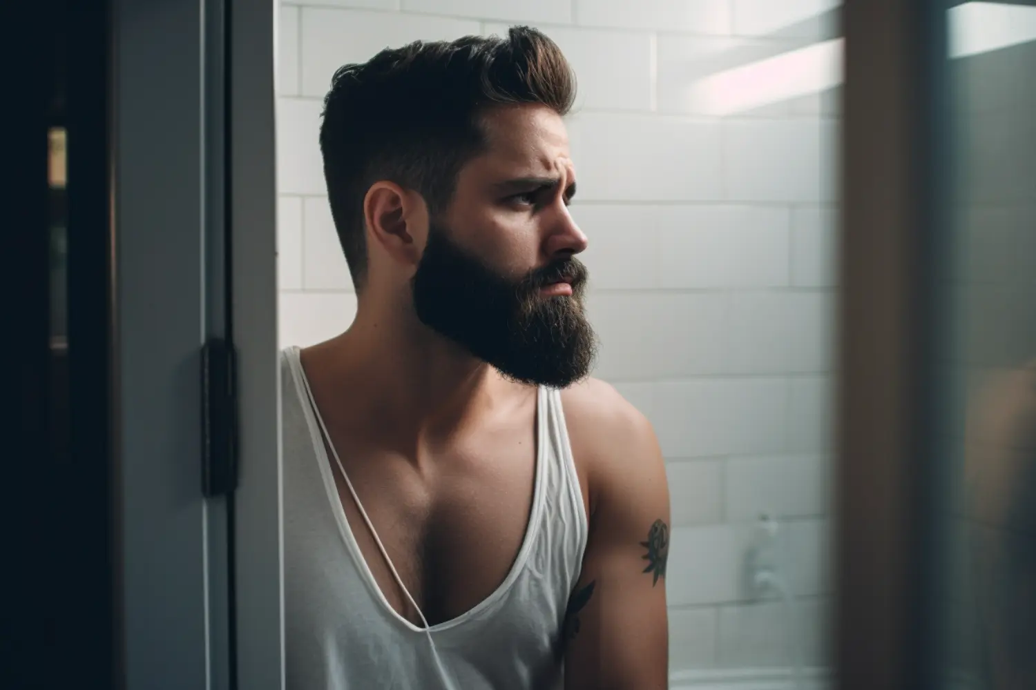 man sitting in bathroom looking to the side