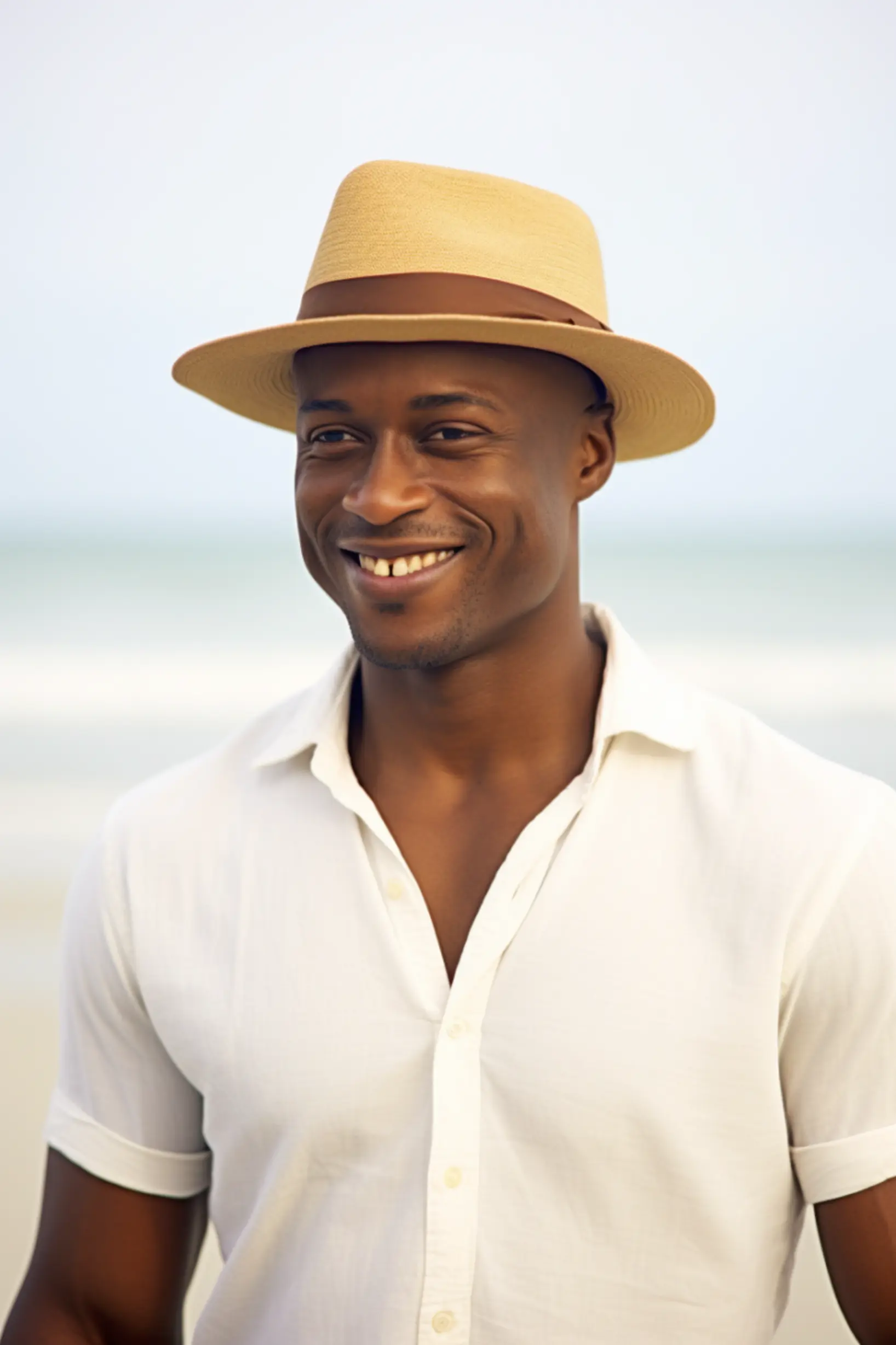 man smiling on beach with hat on