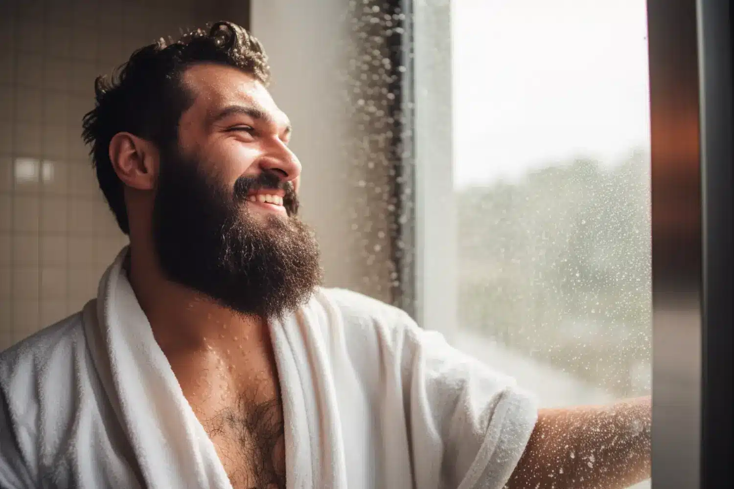 man smiling standing in shower with bathrobe
