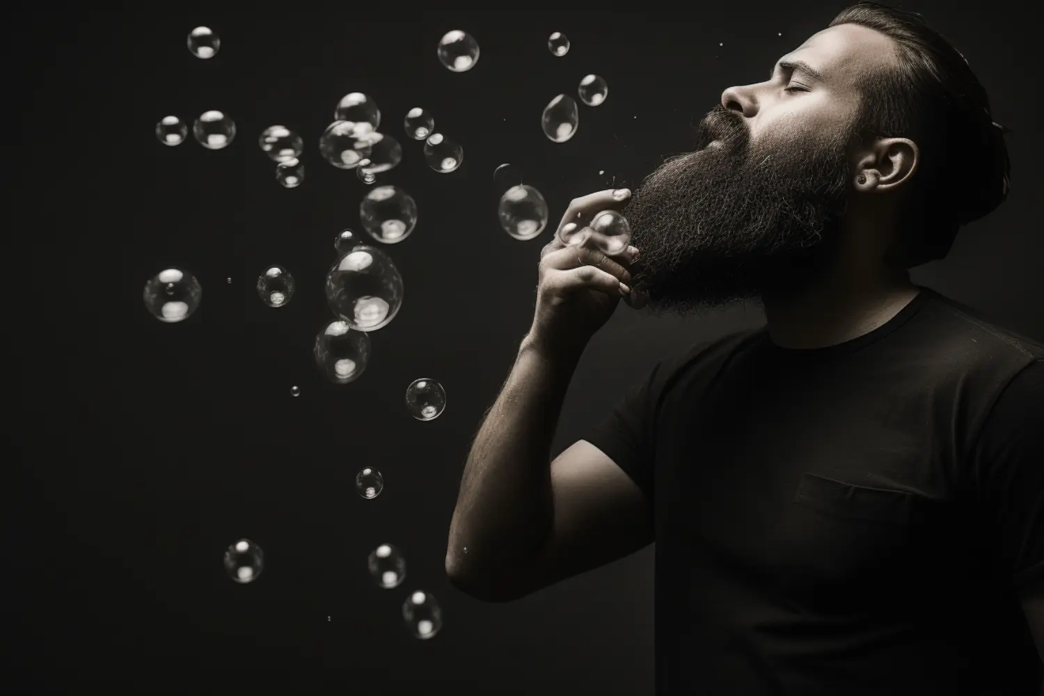 man stroking beard with bubbles