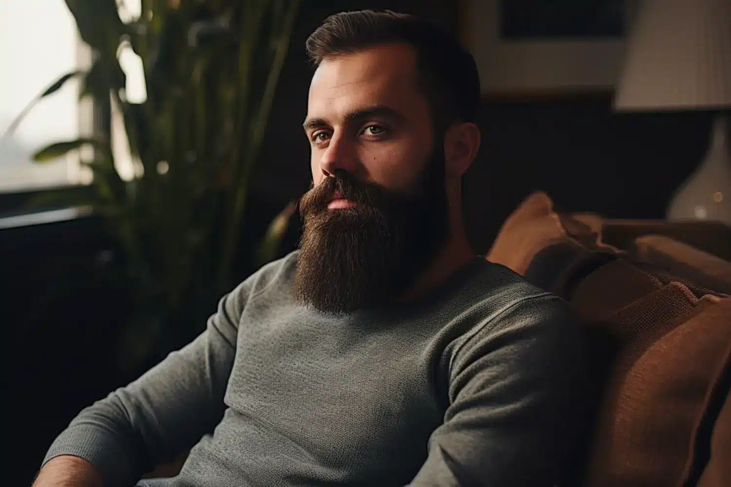 man with a beard sitting on a couch