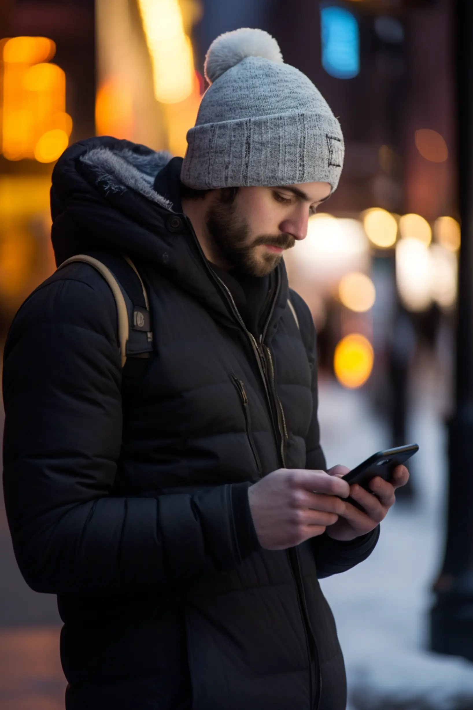 man with beanie on checking phone