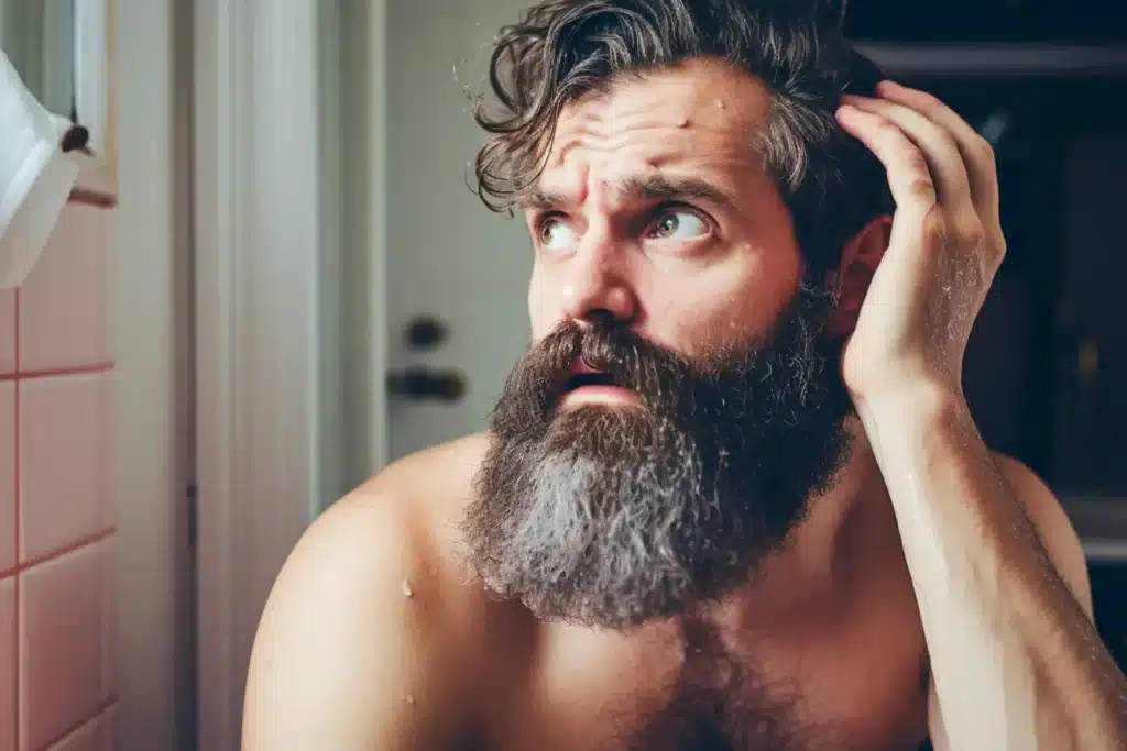 man with confused expression and wet beard
