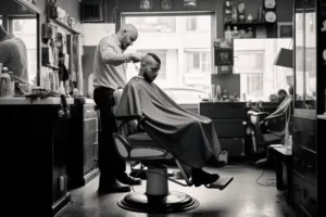 black and white picture of a barber cutting a mans hair