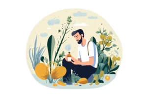 feature illustration of a man inspecting a plant