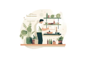 illustration of a man standing in a bathroom with plants