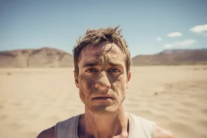 man standing in desert with concept of dry skin on face
