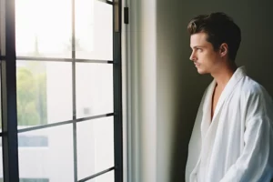 young man in robe looking out window
